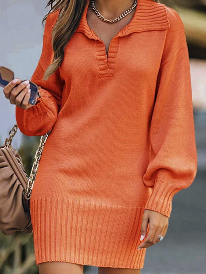 Lapel Balloon Sleeve Pullover Loose Knit Sweater