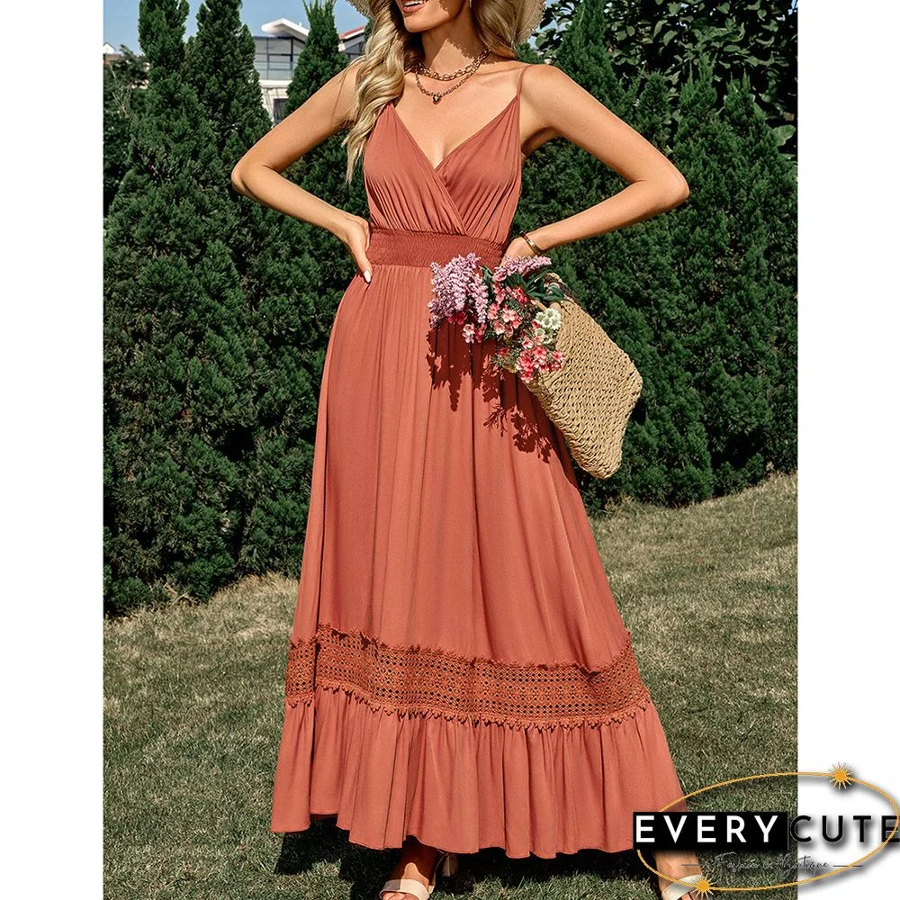 Orange Maxi Dress Slim Fit V Neck Maxi Dress