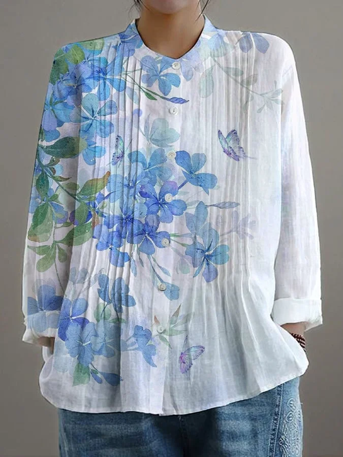 Women's Casual Loose Floral Cotton And Linen Shirt 