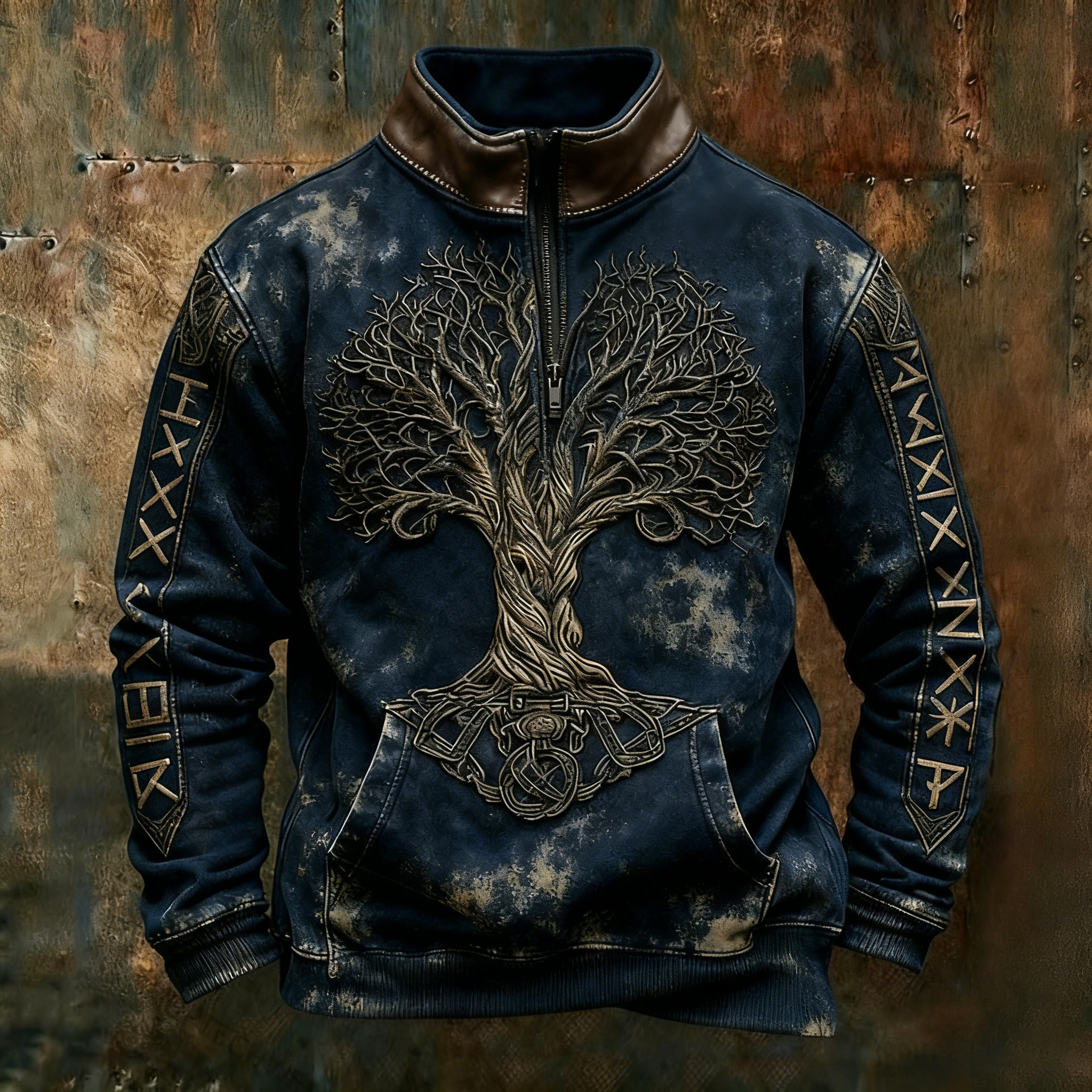 Men's Viking Tree Of Life Zipper Stand Collar Sweatshirt elevenforest