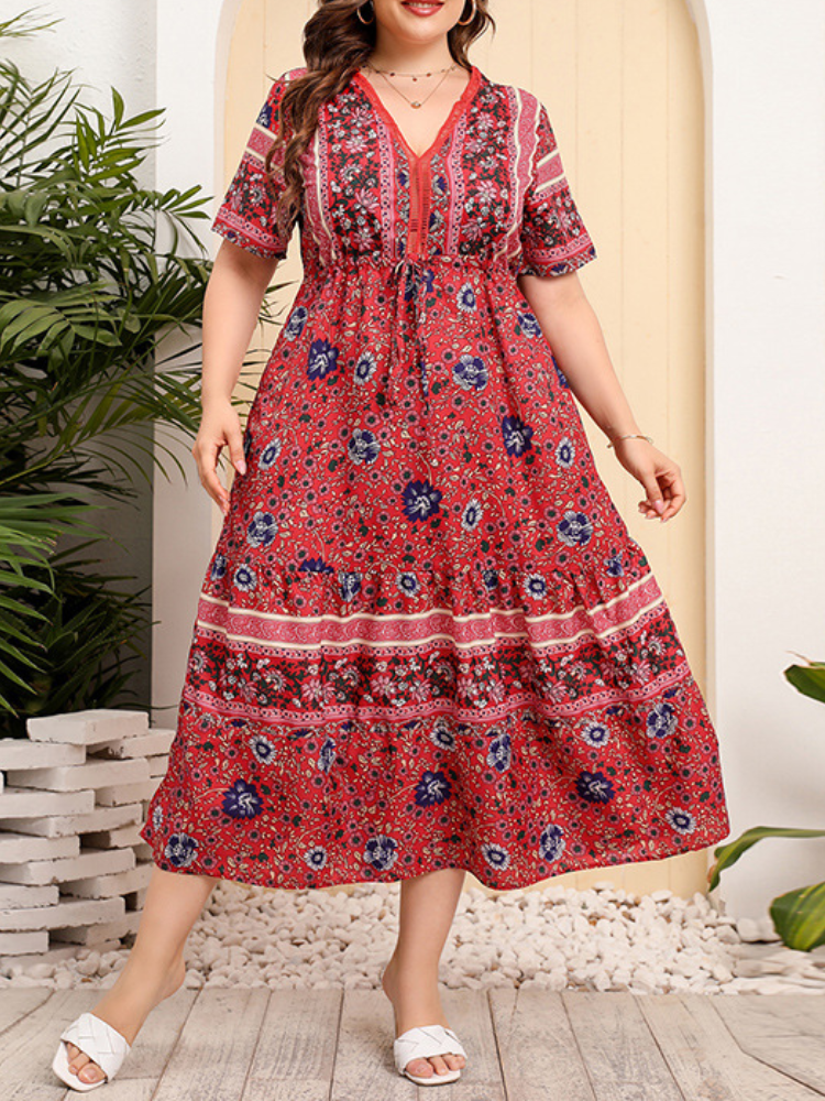 Cross Border Hot Sale Plus Size Vintage Floral Dress Bohemian Lace V-Neck Long Dress