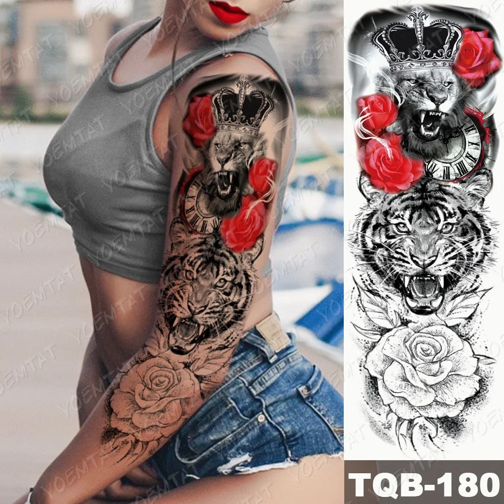 Large Arm Sleeve Waterproof Temporary Tattoo Sticker Lion Crown Gun Rose Wolf Tiger Animal Tattoos Women Men Body Art Fake Tatto