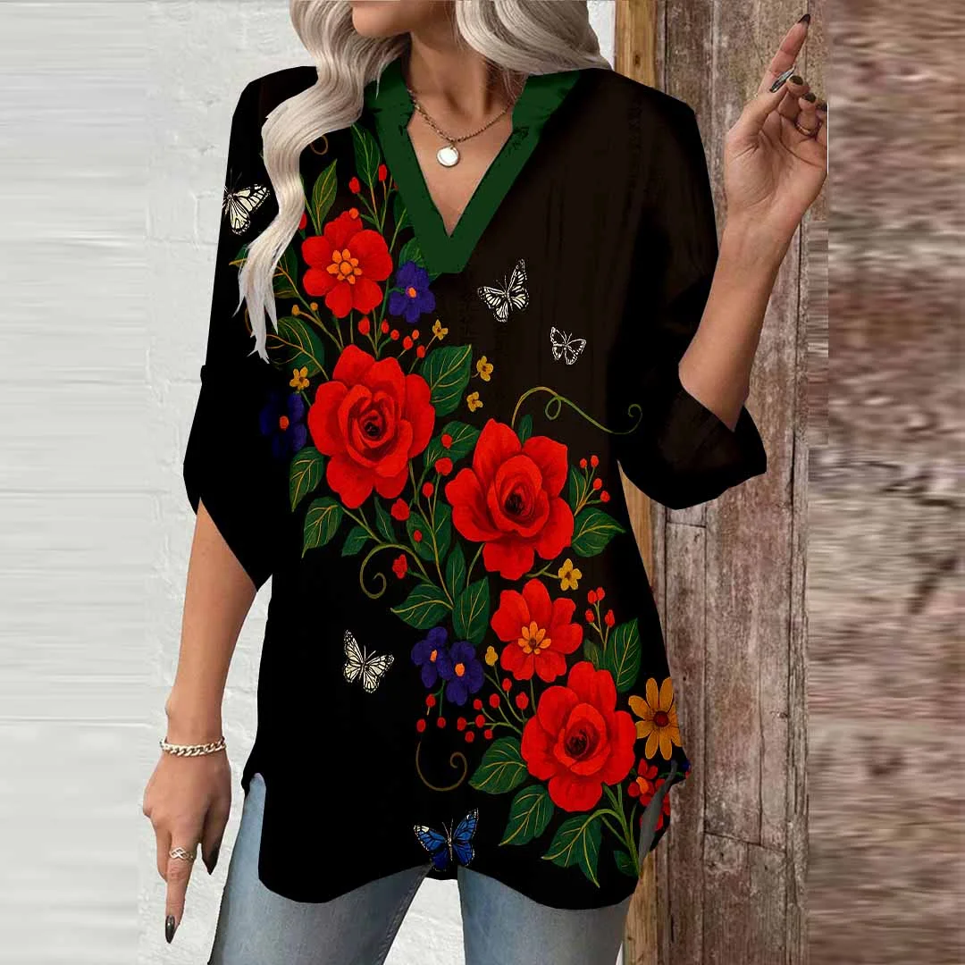 Women Floral,Black,Red DZGA0778 3/4 Sleeve V-neck Printed Graphic Button Tops