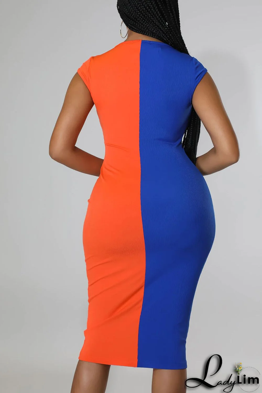 Tangerine Red Casual Solid Patchwork Zipper V Neck Pencil Skirt Dresses