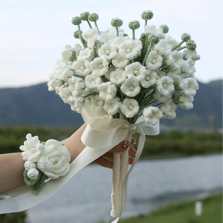 Lulusnow Handmade White Pearl Lily Of The Valley Flower Bell Orchid Crochet Flower Bouquet Wedding/Forever Loving Girlfriend/Wife/Bride Gift