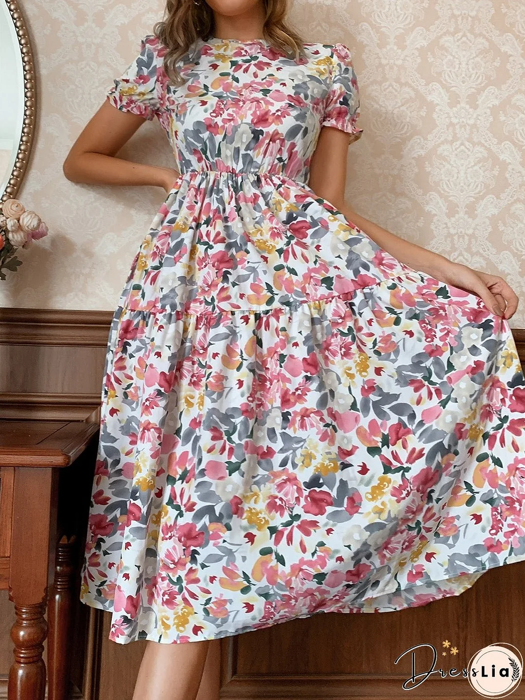 Floral Round Neck Short Sleeve Midi Dress