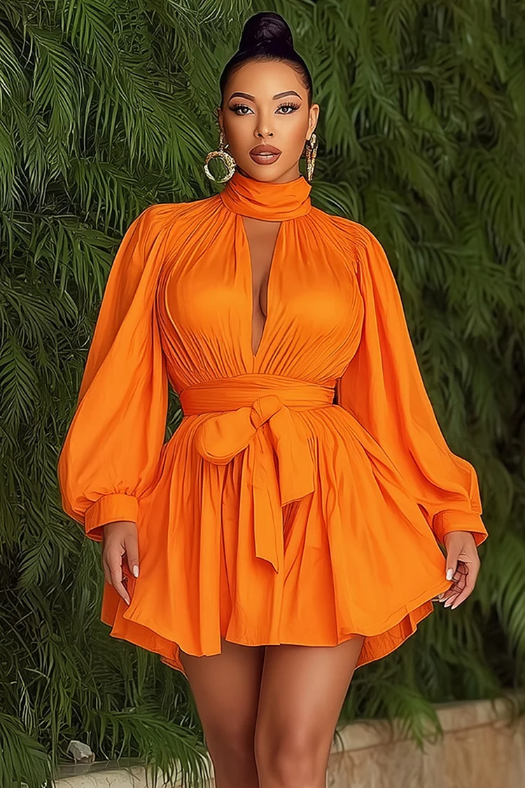 Bishop Sleeve Keyhole Neck Ribbon Tied Mini Dresses-Orange [Pre Order]