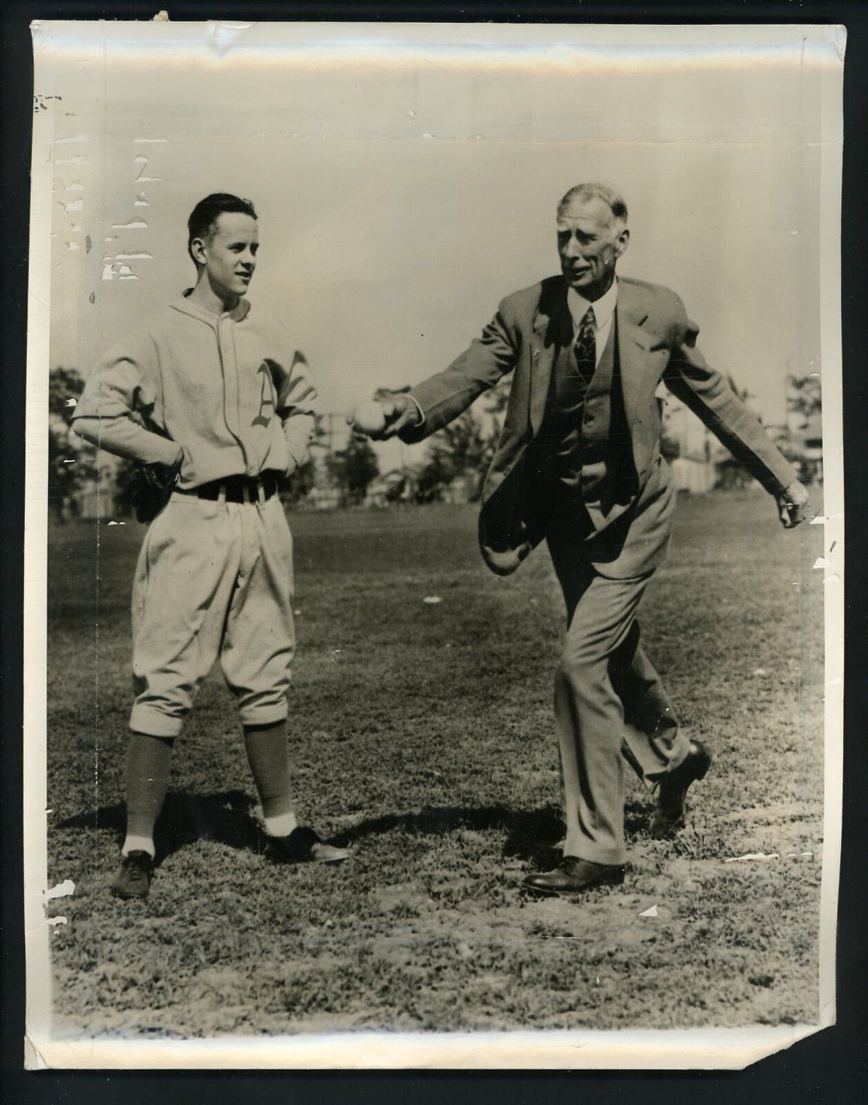 Connie Mack pitching lesson Lou Barbour 1932 Press Wire Photo Poster painting Philadelphia A's