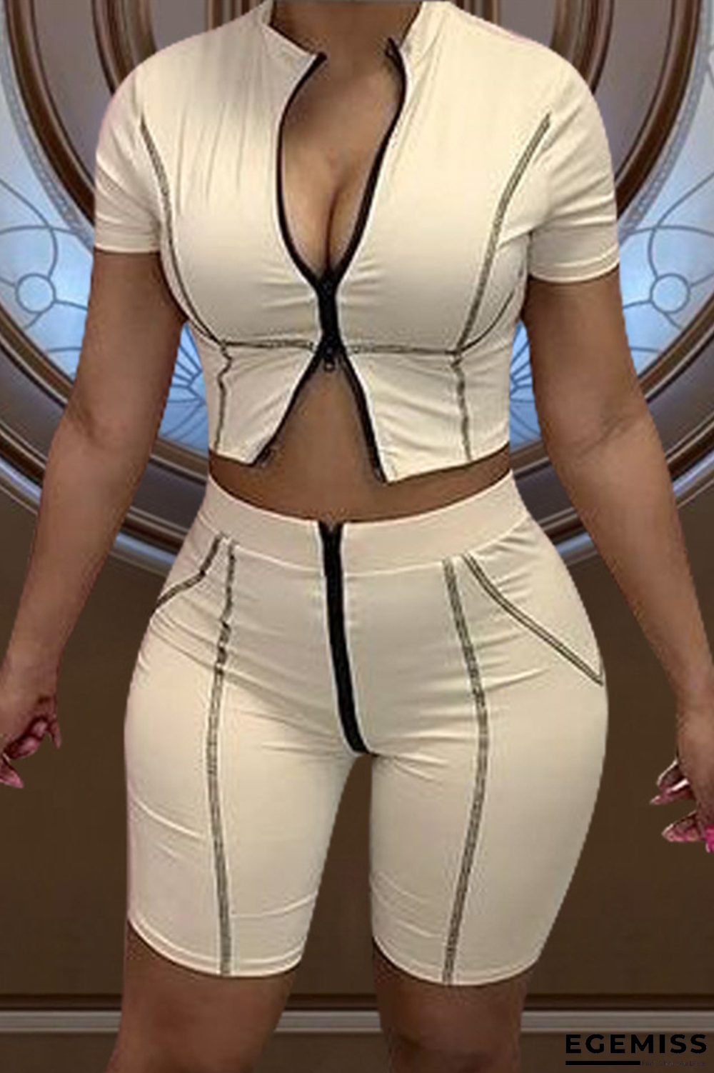 Milky Sexy Solid Patchwork Zipper Collar Short Sleeve Two Pieces | EGEMISS