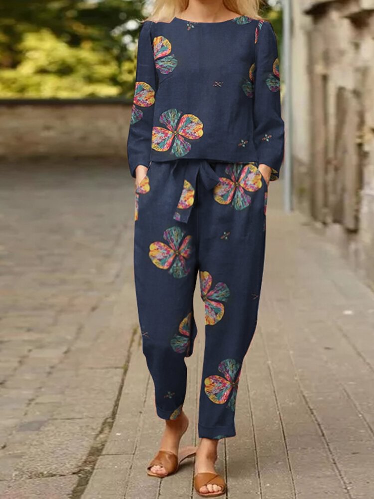 Vintage Flower Print Knotted Two-piece Set Suit