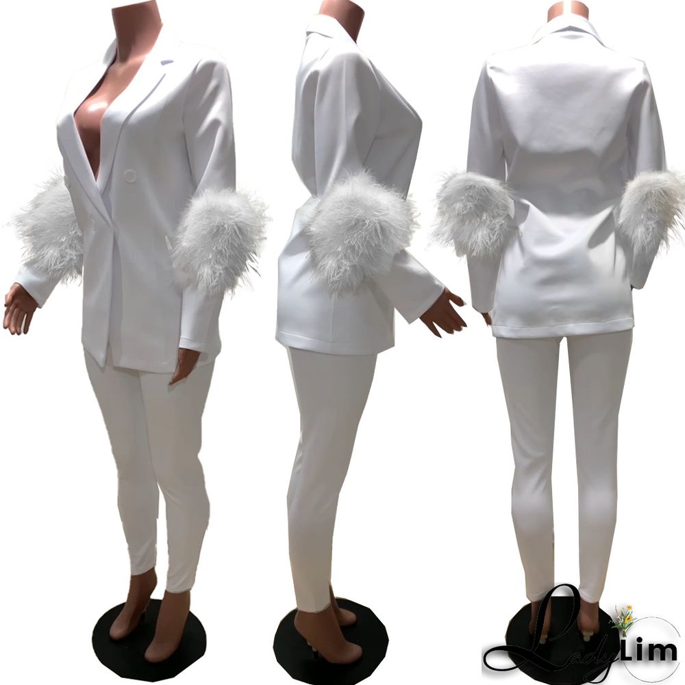 Fall Women Feather Blazer and Pant Two Piece