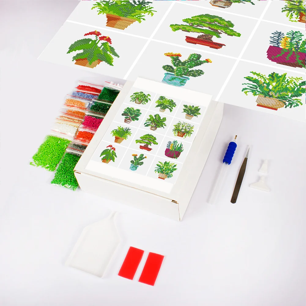 12pcs Plant DIY Mini Round Diamond Painting Set Table Decor No Frame 15x18cm