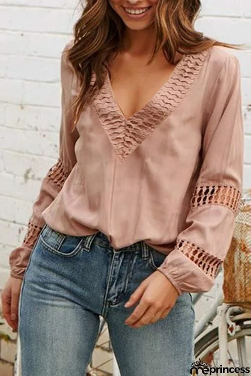 Hollow V Neck Puff Sleeve Blouse