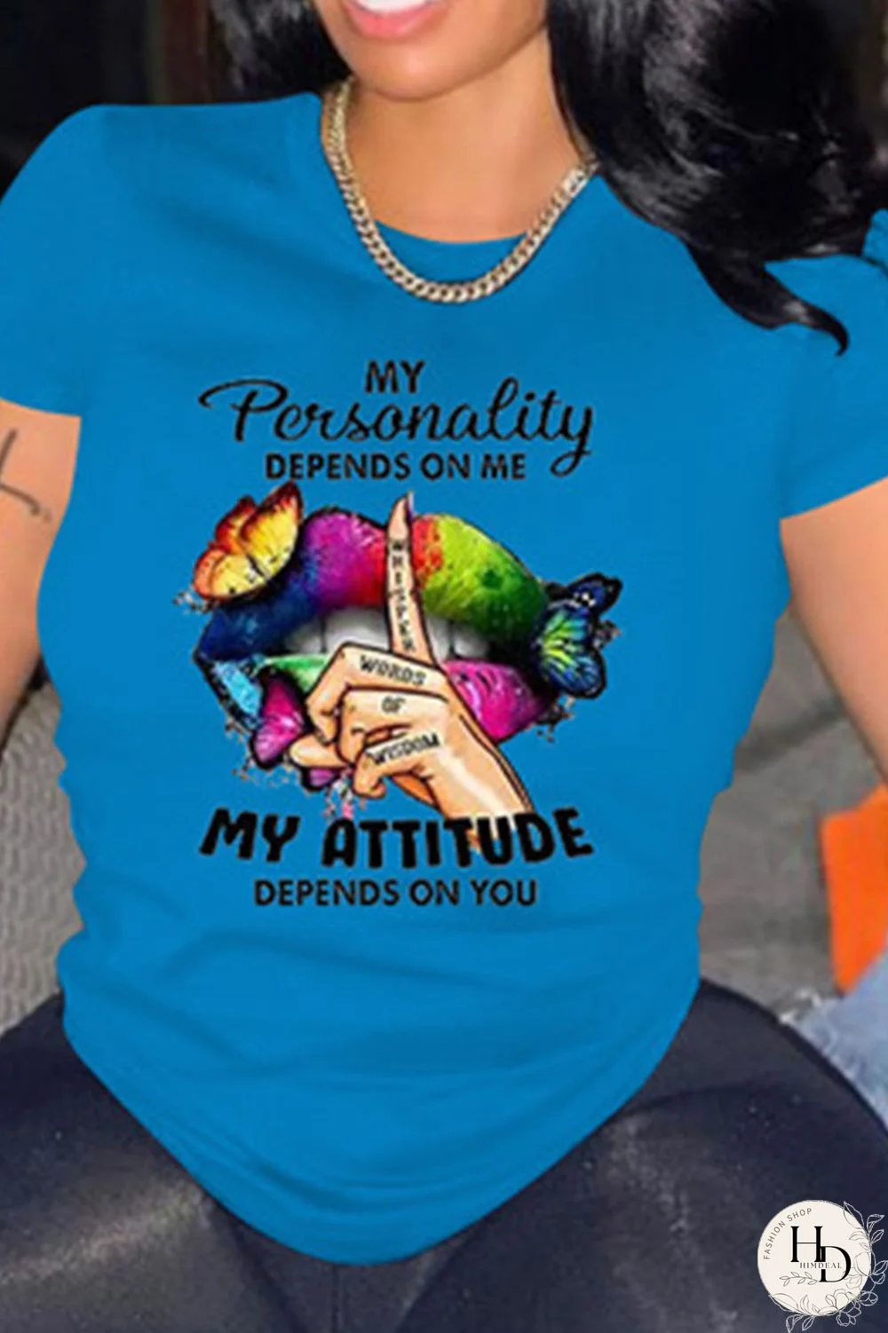 Royal Blue Casual Letter Print Patchwork O Neck Plus Size Tops