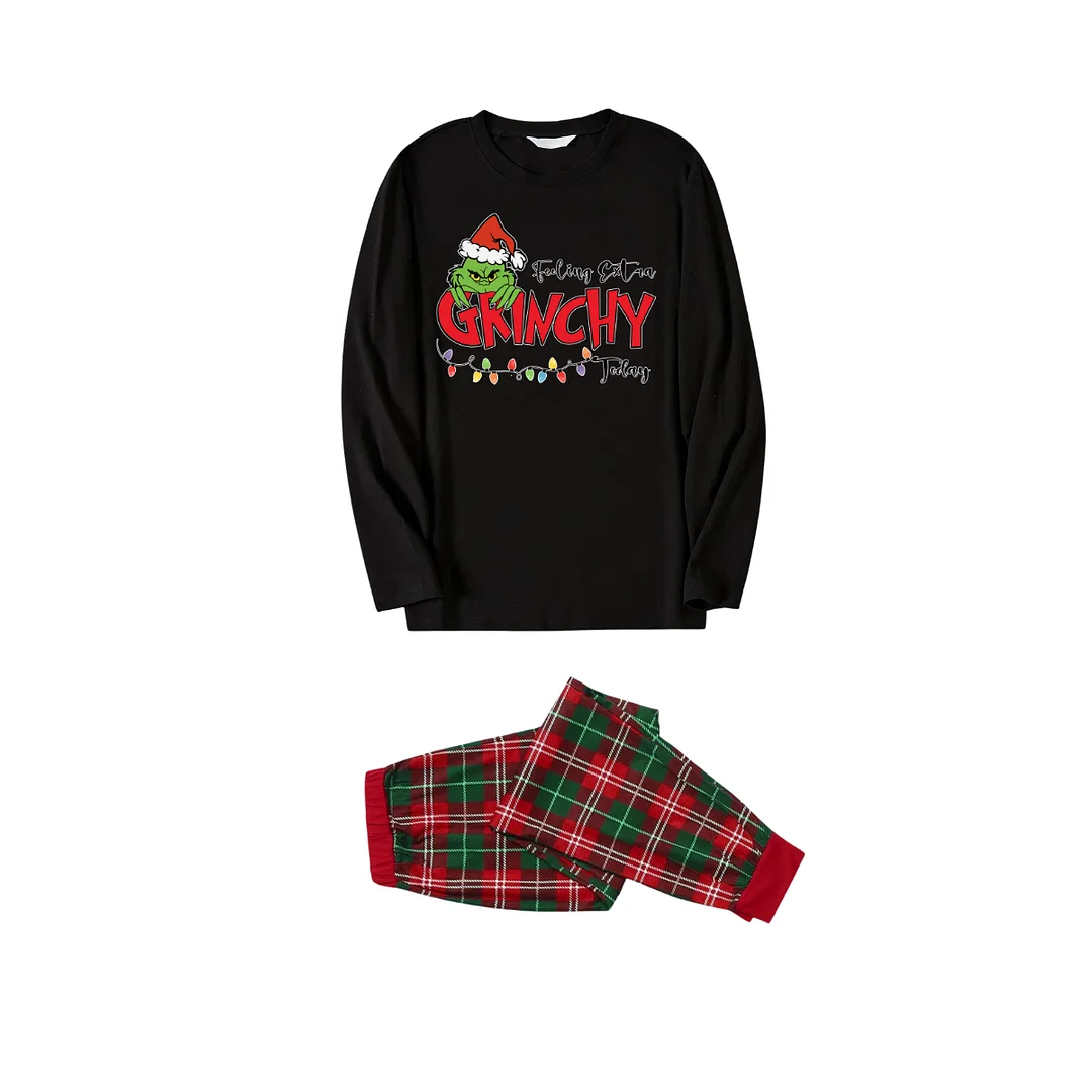 Green Cartoon Character and Text With Santa Hat Pattern Red and Green Plaid Family Matching Pajamas