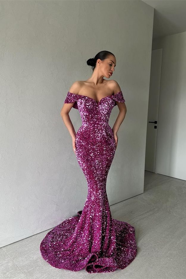 Purple Off-The-Shoulder Long Evening Dress Mermaid With Sequins PD0752