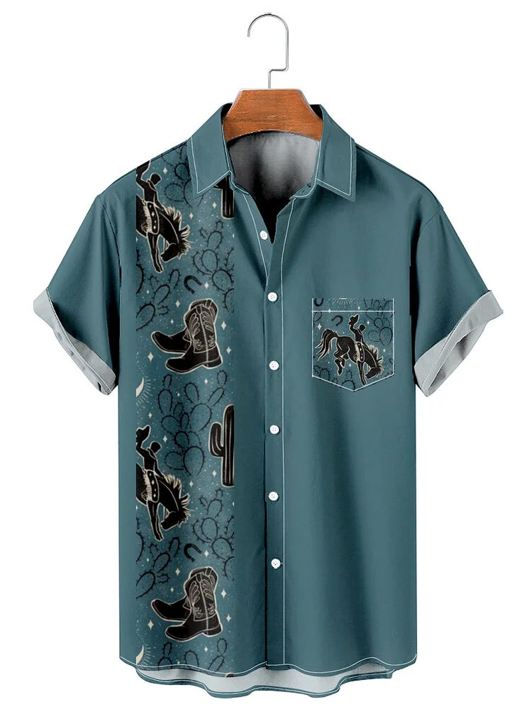 Men's Simple Western Denim Patchwork Print Casual Shirt