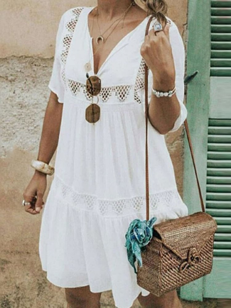 Women V-Neck Short Sleeves Holiday Lace Dresses
