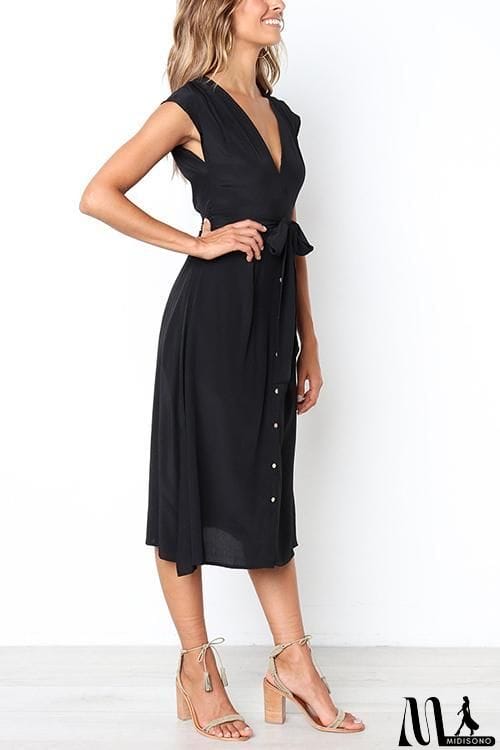 MidiSono - V Neck Tie Waist Dress