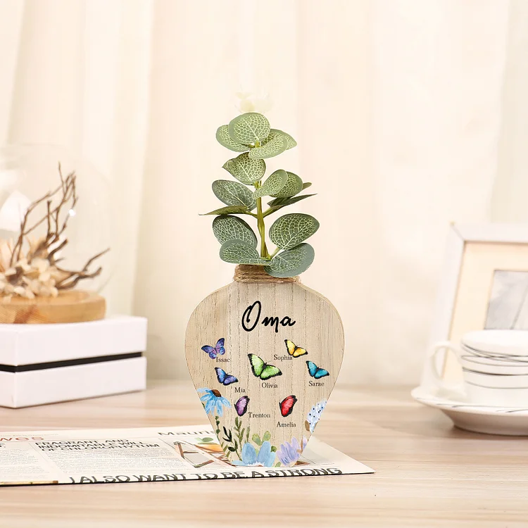 Kettenmachen Holz Personalisierter 7 Namen & Text Bunt Schmetterling & Blumen Familie Vase