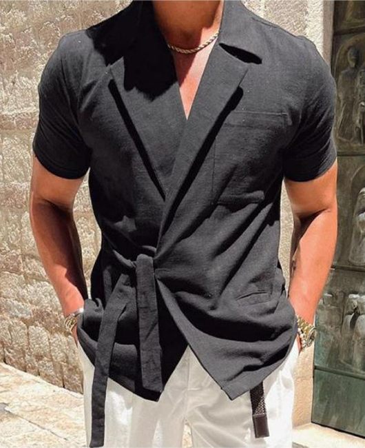 Daily Linen Pockets Lapel Collar Lace Up Short Sleeve Shirt