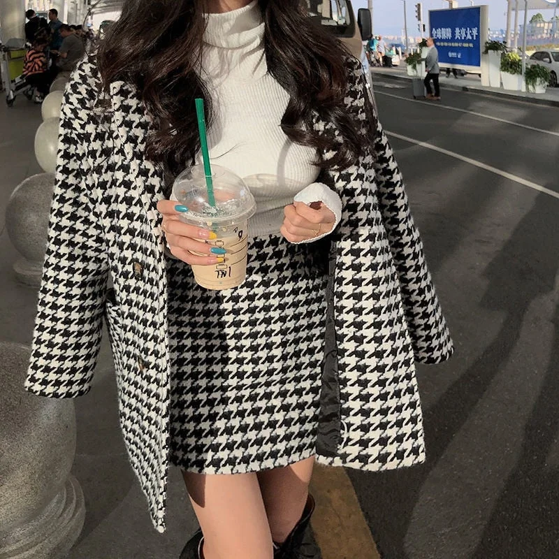 YOCALOR New Two 2 Piece Set Retro Houndstooth Channel Style Mid-length Coat High Waist Skirt Two-piece suits Women Basic Jackets