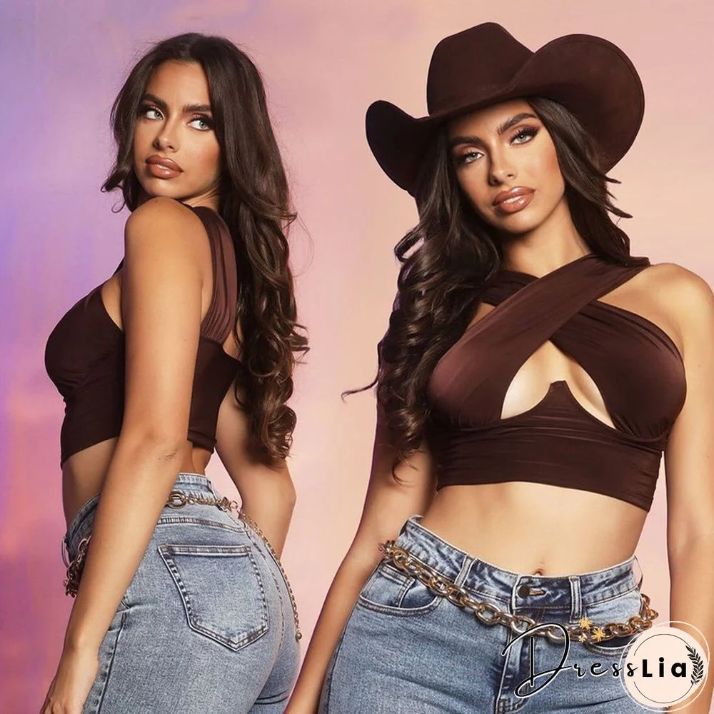 Hollow Out Tank Top For Women Sexy Short Crop Tops Brown Crossover Solid Clothes Fashion New Summer Streetwear