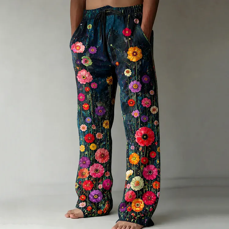 Men's Retro Hippie Style Floral Art Pattern Casual Linen Blend Pants