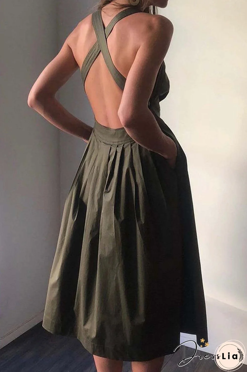 Halter Square Neck Backless Midi Dress
