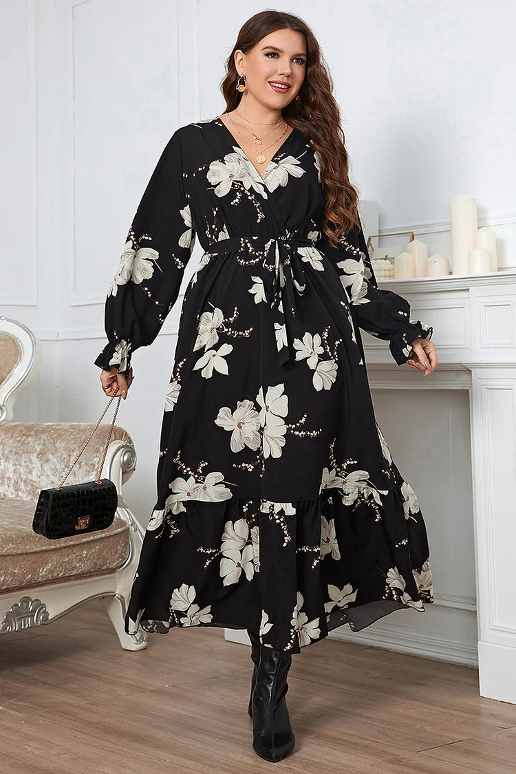 Plus Size Everyday Black Floral Print Lace-Up Wrap Neck Petal Sleeve Tunic Maxi Dress  Flycurvy [product_label]