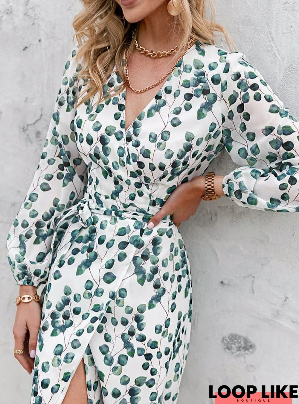 Printed Long Sleeve Green Leaf Dress