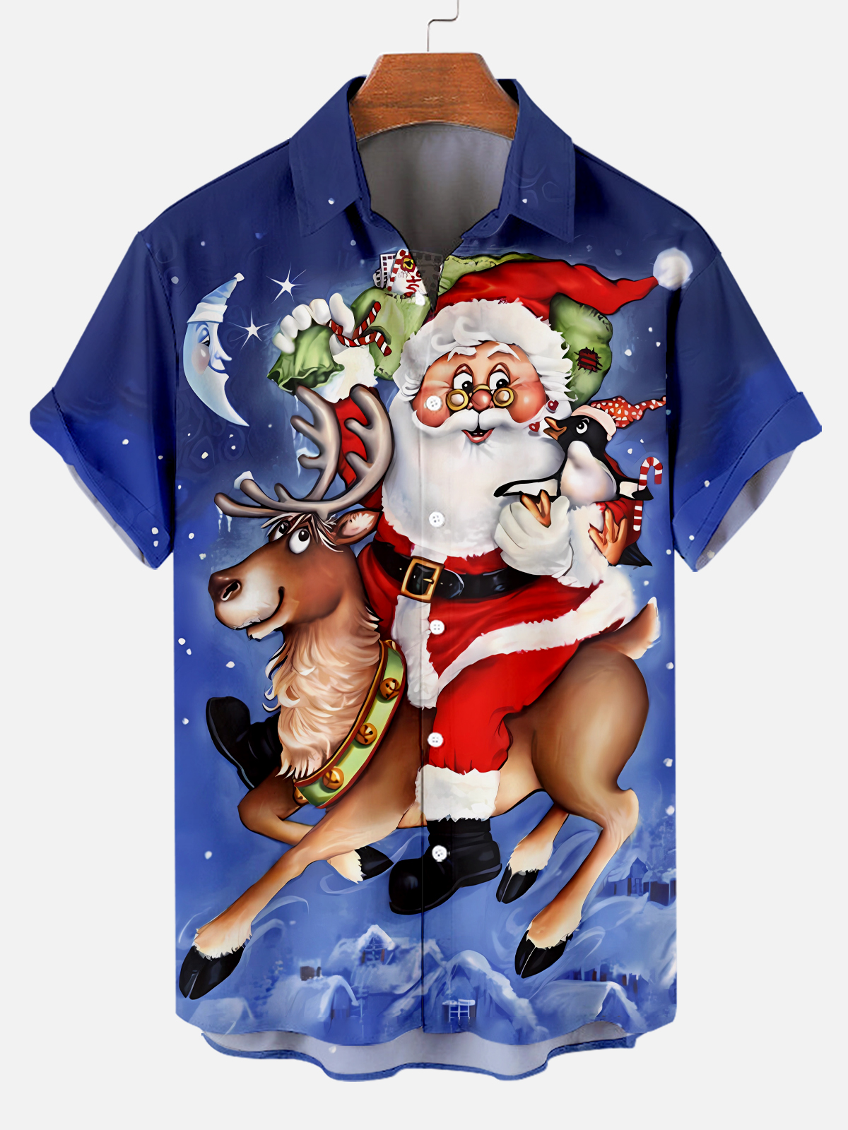 Men's Christmas Elk Print Button-Up Shirt PLUSCLOTHESMAN