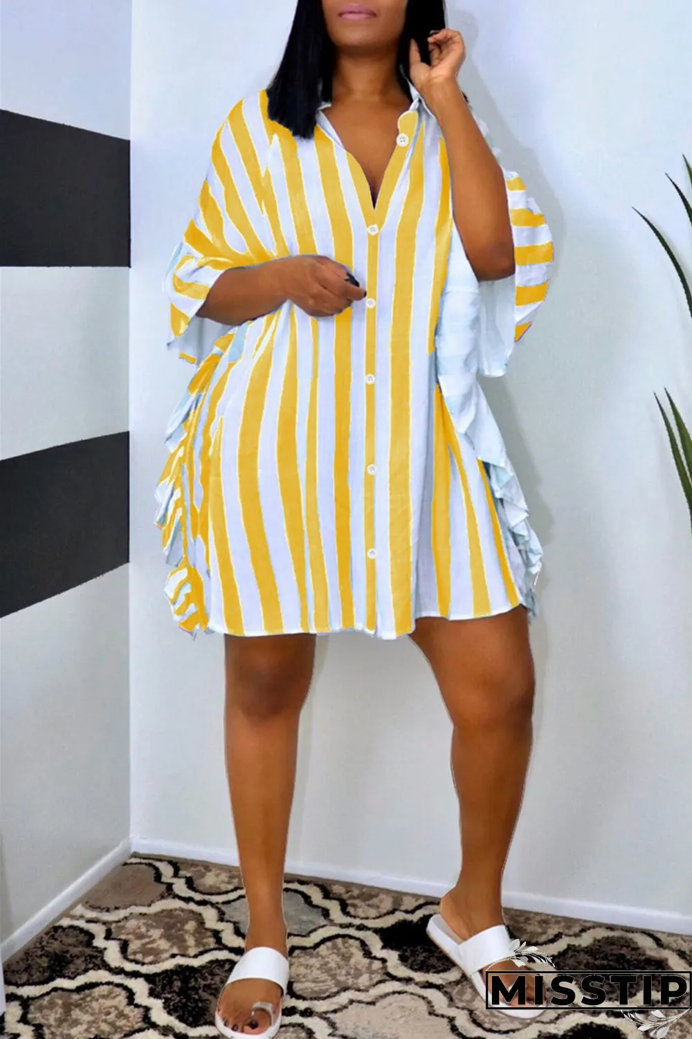 Light Blue Fashion Casual Striped Print Patchwork Turndown Collar Shirt Dress Dresses