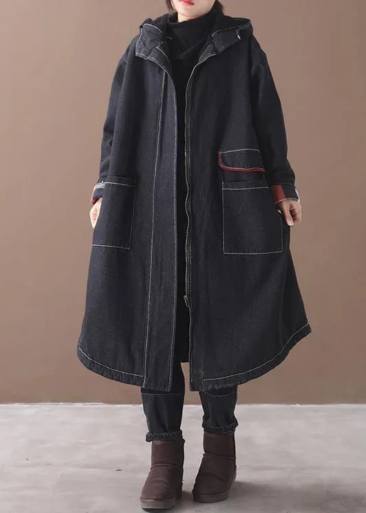 women plus size clothing Jackets & Coats hooded overcoat denim black two pockets Parkas for women