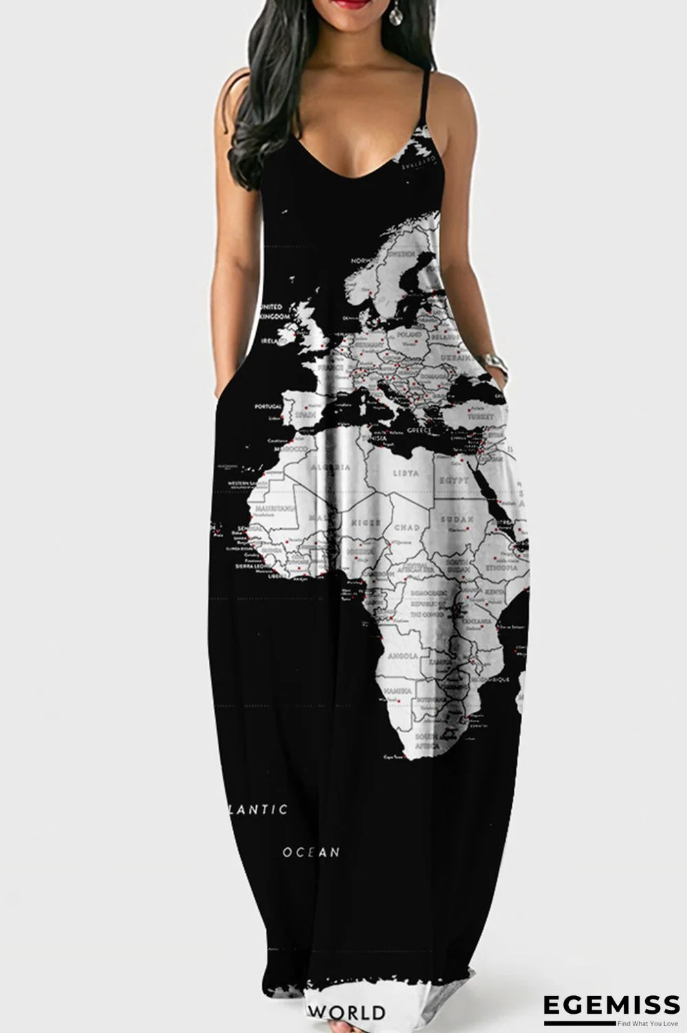 Black White Fashion Sexy Print Backless Spaghetti Strap Long Dress | EGEMISS