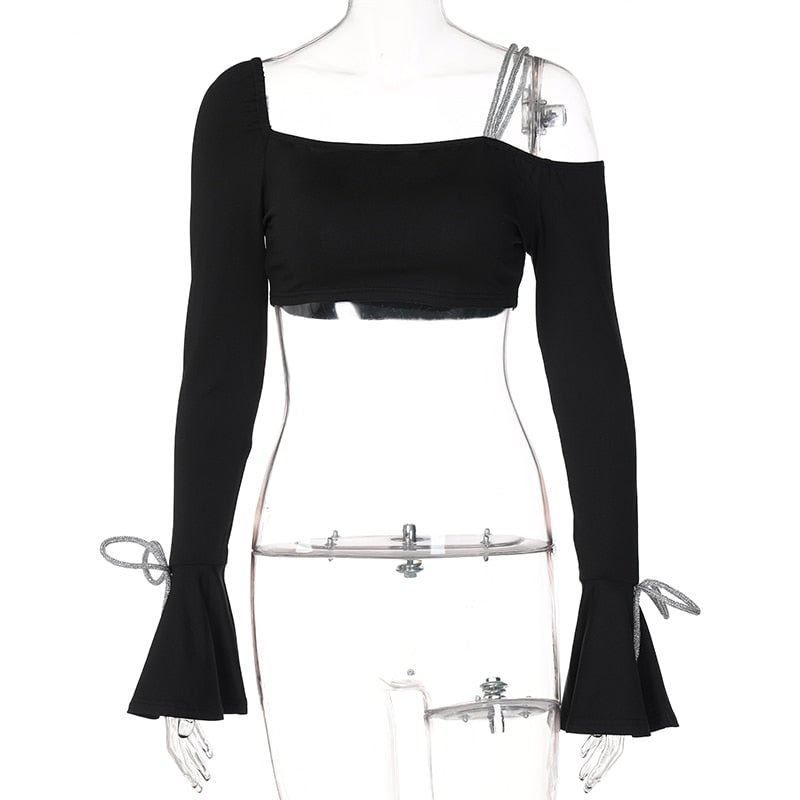 Hugcitar Shine Strings One Shoulder Solid Bandage Sexy Crop Top 2022 Summer Women Fashion Outfits Club Elegant Streetwear Y2K