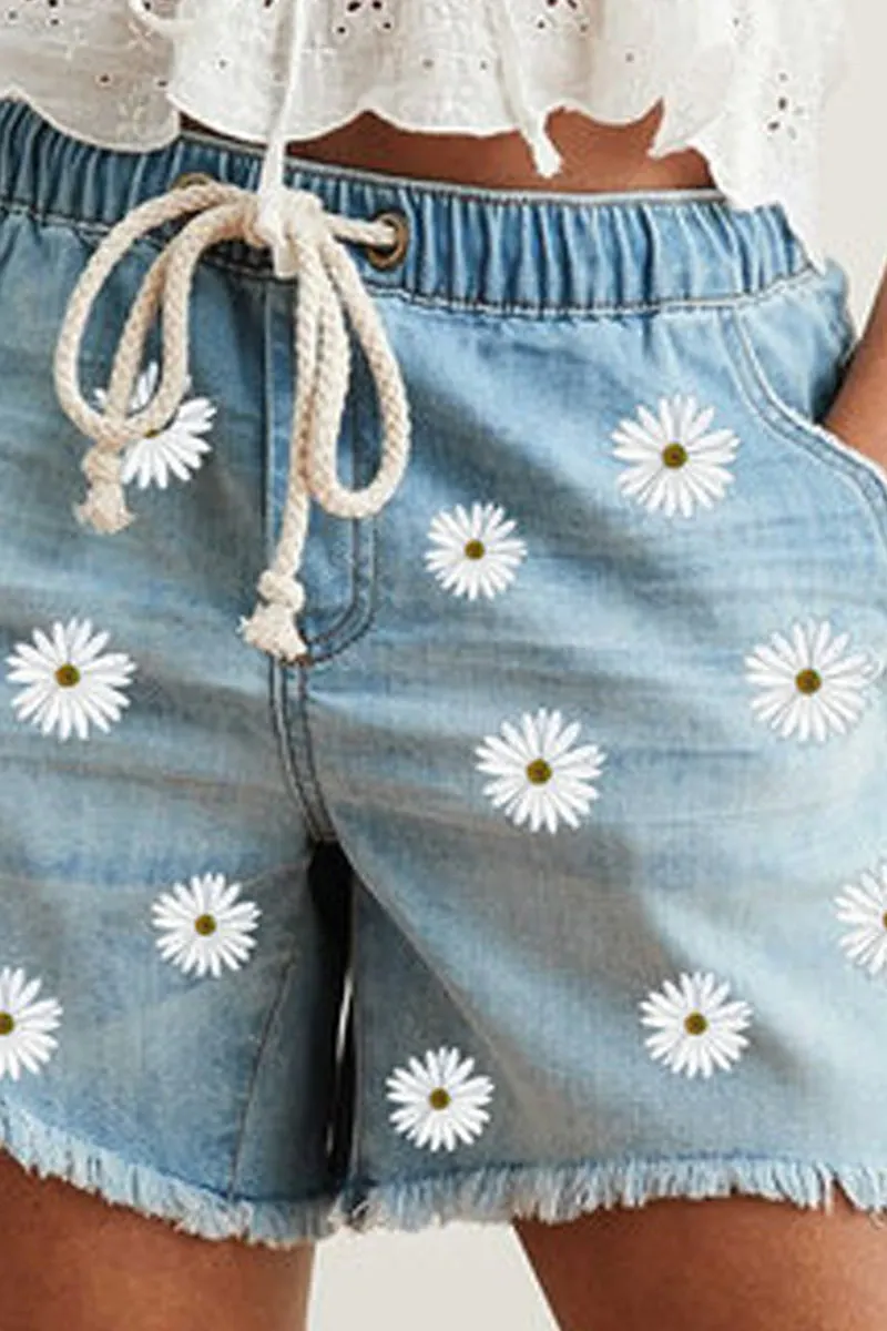 Denim Floral Printed Drawstring Waist Shorts