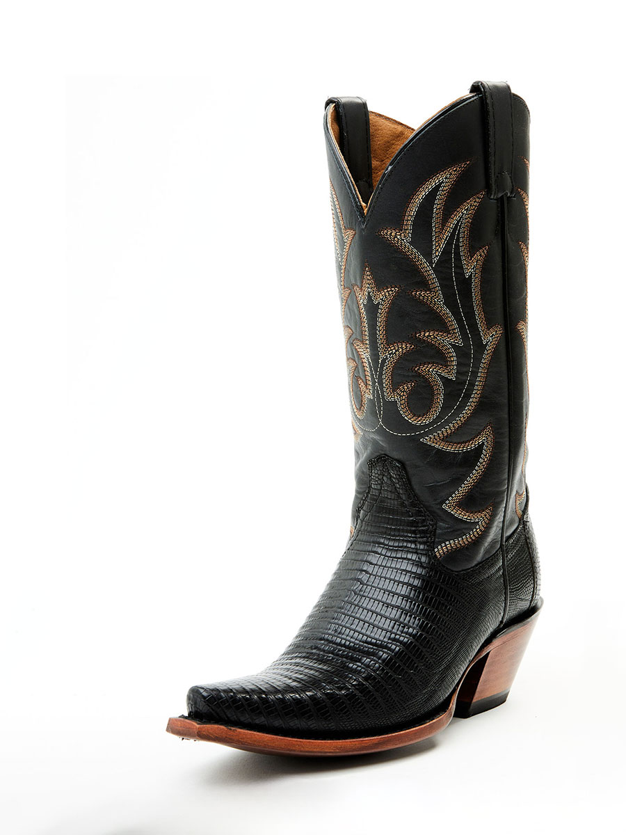 Black Lizard Embossed Snip Toe Chunky Heel Mid-Calf Cowgirl Boots