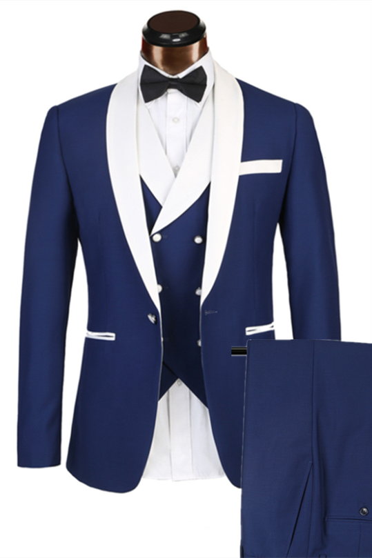 Elegant Three Pieces White Lapel Edge Banding Blue Men's Suit For Wedding Prom