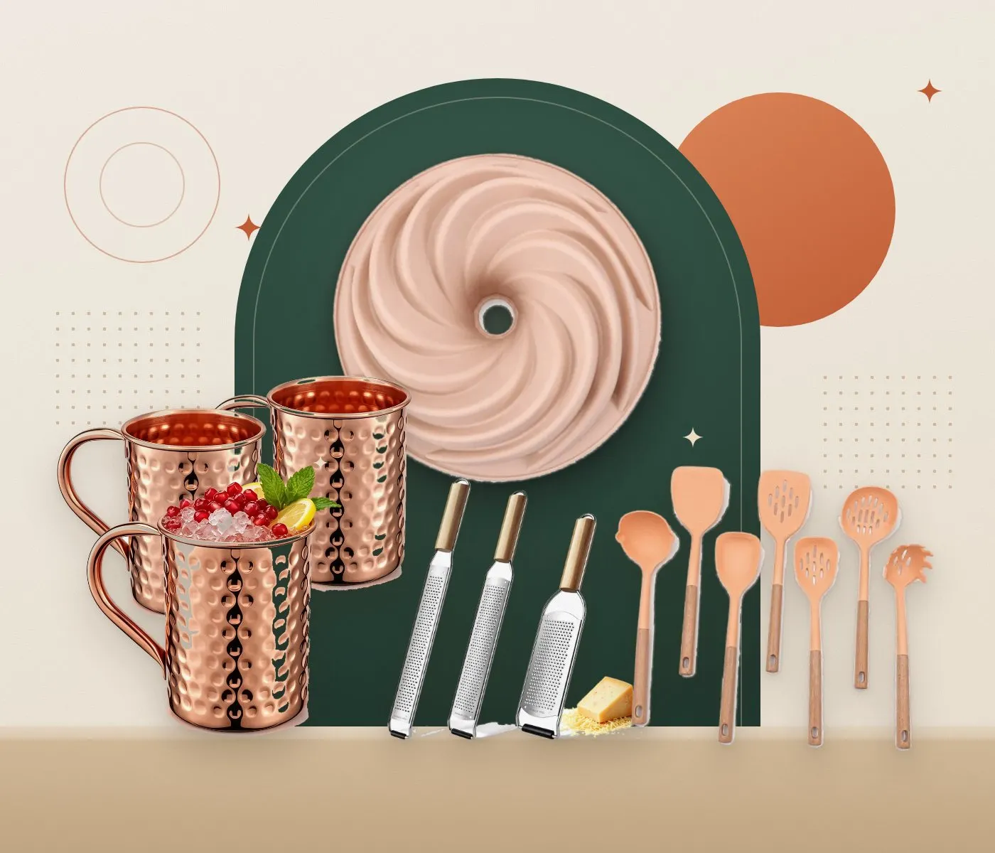 Copper-tone mugs, a silicone bundt mold, stainless steel graters and wooden-handle utensils on a kitchen counter