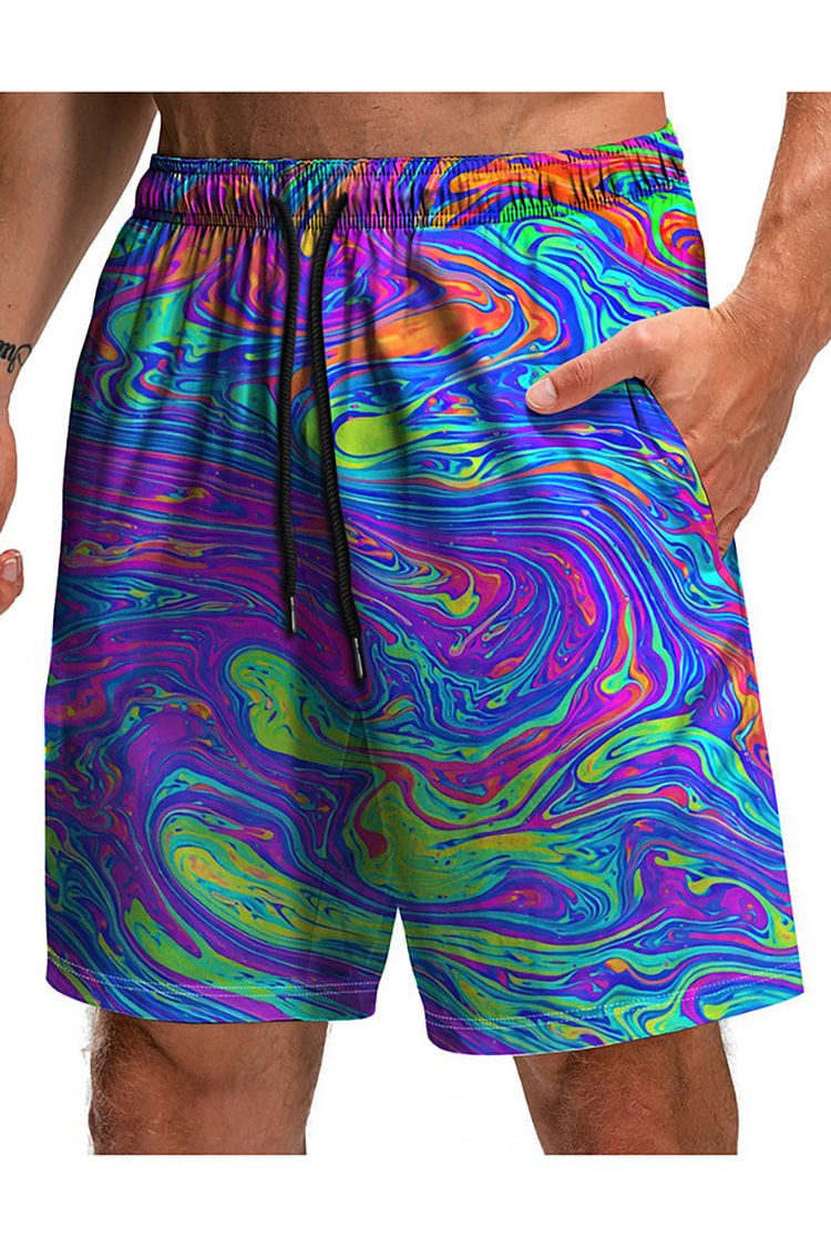 Men's Punk Style Beach Pants Thick Ink Color Painting Water Ripples Shorts