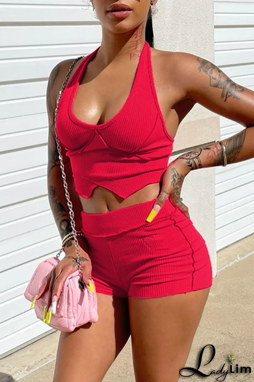 Red Sexy Casual Solid Split Joint Backless Halter Sleeveless Two Pieces