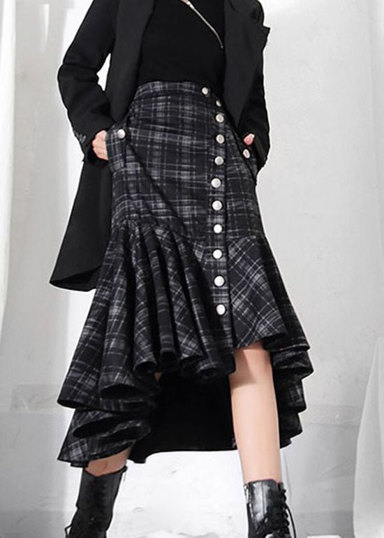 Fashion dark Grey button Ruffles Plaid Skirt Spring CK1519- Fabulory