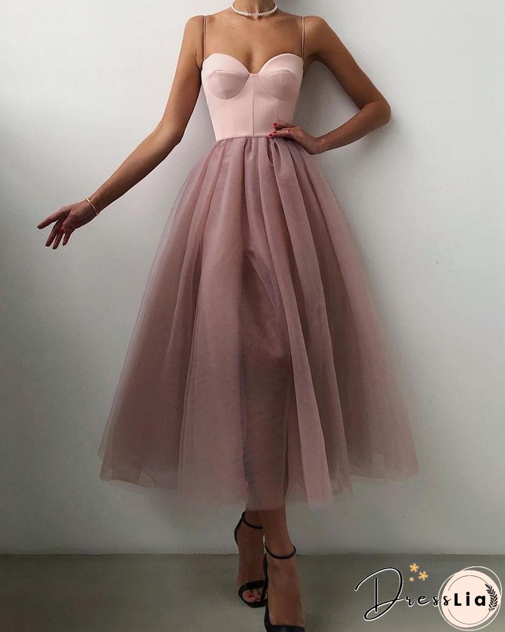 Spaghetti Strap Plain Sheer Mesh Evening Dress P15389