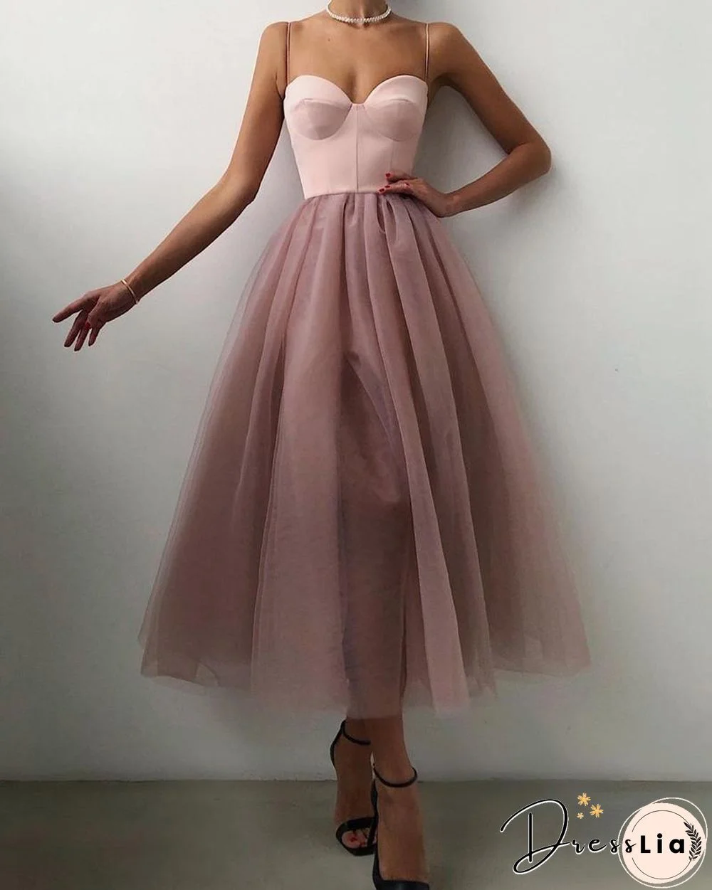 Spaghetti Strap Plain Sheer Mesh Evening Dress P15389