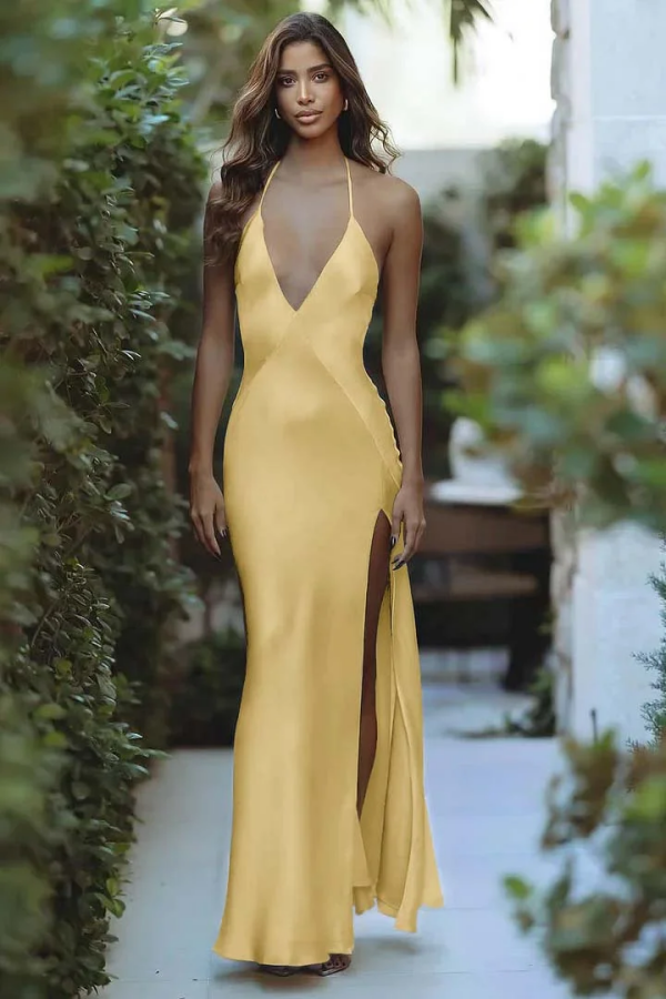 Vlandiya - Yellow Halter V-Neck Prom Dress Ankle Length Backless High Split XJ0378