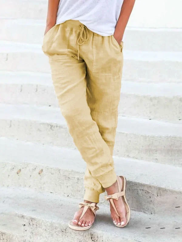 Solid Color Drawstring Casual Cotton Linen Trousers