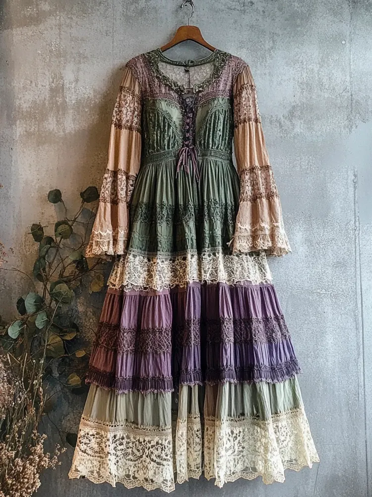 Lunivibe Vintage Lace Patchwork Clashing Color Women's Linen Long Dress
