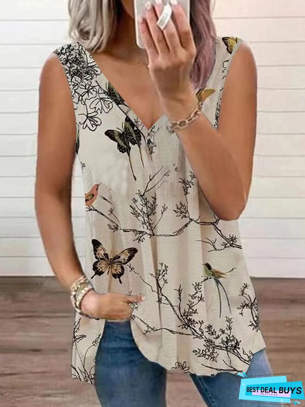 Butterfly Floral Printed Casual Loosen V Neck Knit Tunic Tank