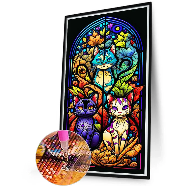 5D Chrismas Stained Glass Cat Diamond Painting ,Adult Diamond Art Kit, DIY Diamond Painting Kit, Full Diamond Round Diamond Point Diamond Art Kit, Cra